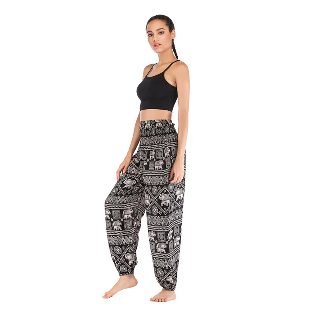 Summer Women Bohemian Floral Print Long Pants Elastic High Waist Vintage Harem Pant Boho Casual Beach Trousers