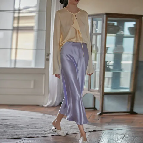 New Elegant Women's Skirts Korean Fashion Satin Silk A-line Skirt Office Black Champagne Long Summer Skirts Woman Fashion