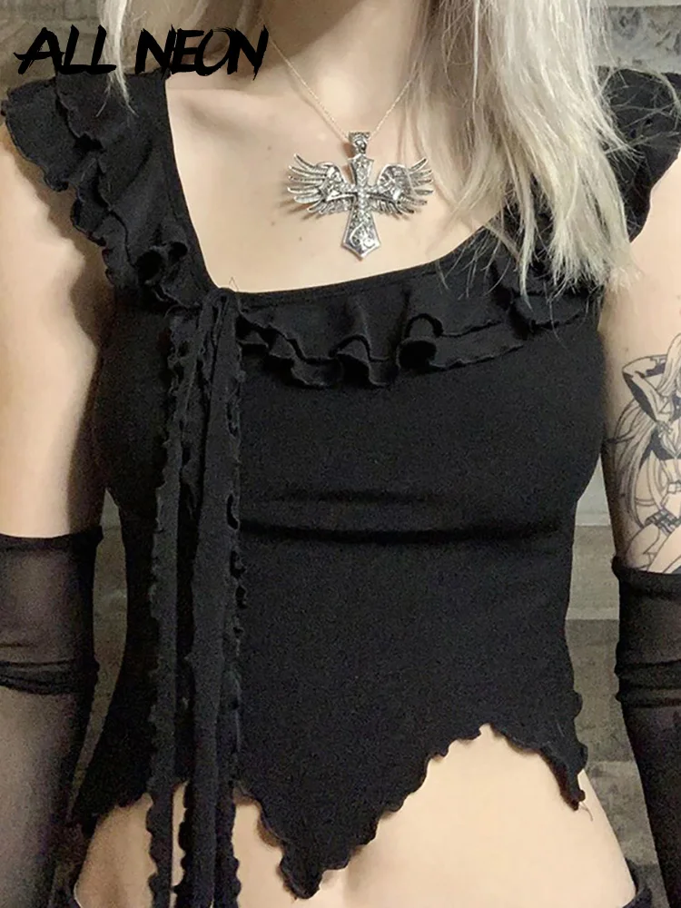 

ALLNeon E-girl Cute Aesthetics Tiered Ruffles Lettuce Trim Crop Tops Y2K Gothic Bandage Irregular Hem Sleeveless T-shirts Black