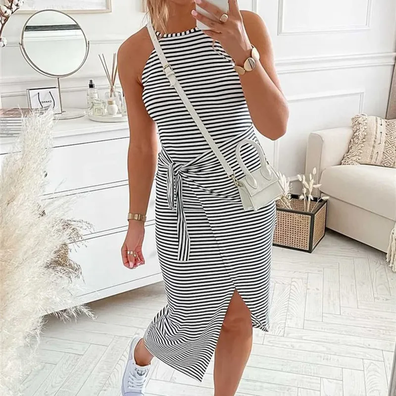 

Casual Stripe Women Dress Elegant Halter Neck Sleeveless Lace Up Black Sundress Summer Midi Dress Vestidos