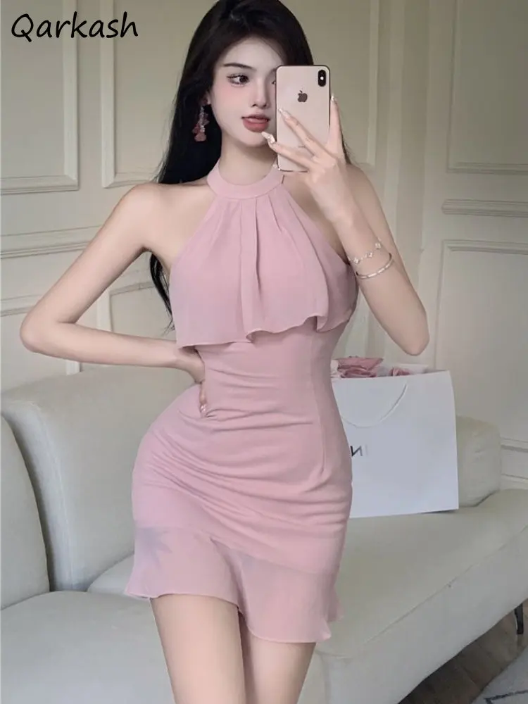 

Женское платье без рукавов, летнее розовое однотонное элегантное мини-платье с лямкой на шее и складками, Новое сексуальное простое платье, ...