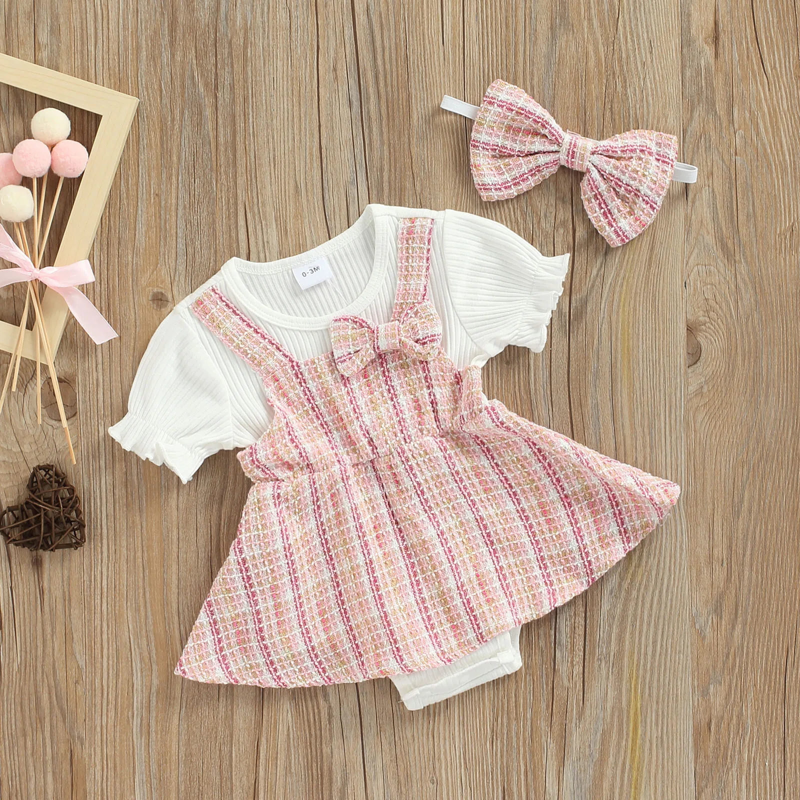 

Infant Baby Girl Summer Outfits Bowknot Short Sleeve Plaid Romper Dress Princess Party Tutu Dresses with Headband