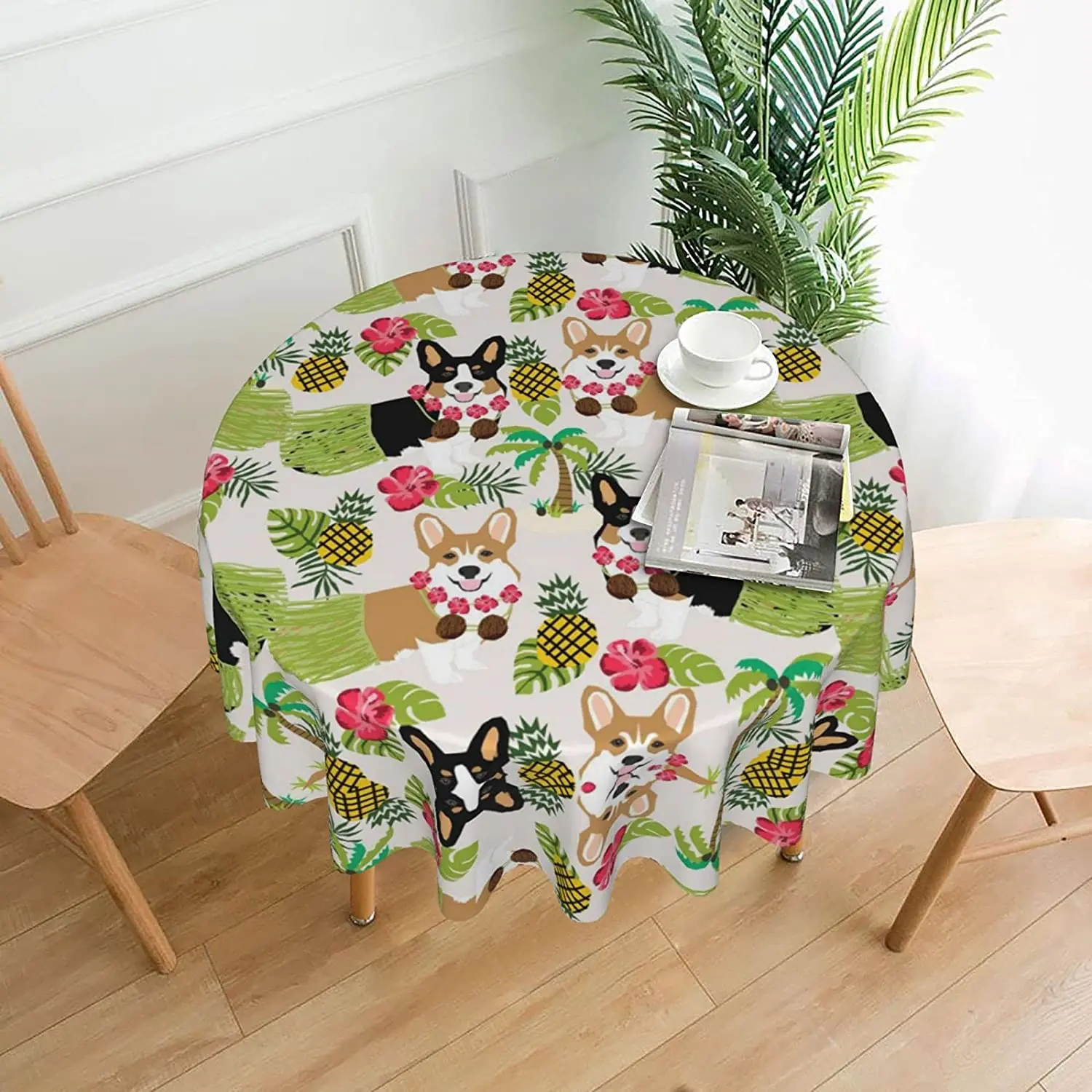 

Tropical Flower and Corgi Round Tablecloth Table Cloth Decorative Fabric Table Cover for Dining Table Buffet Parties Camping
