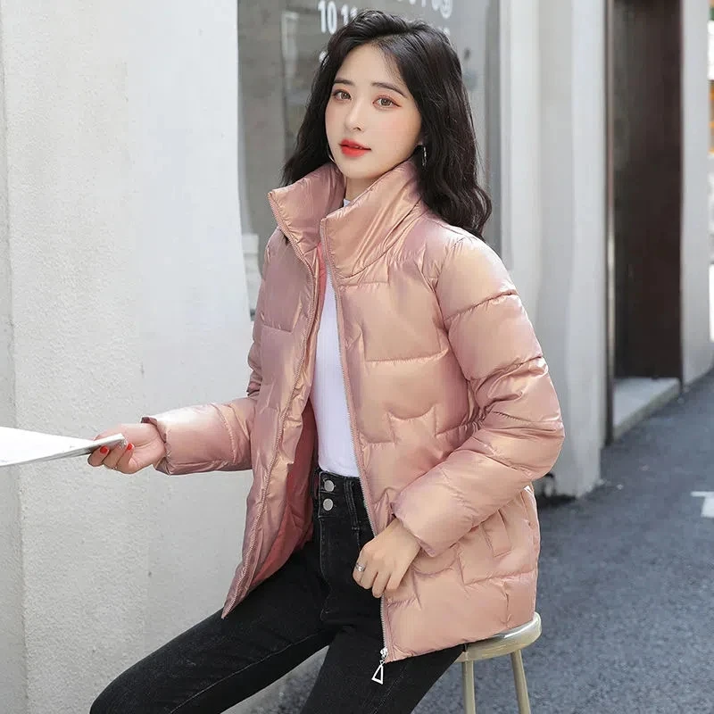 Fashion Glossy Stand Collar Snow Coat Women's Solid Warm Cotton Jacket Loose Zip Up Overcoat Winter Warm Windproof Hooded Parkas