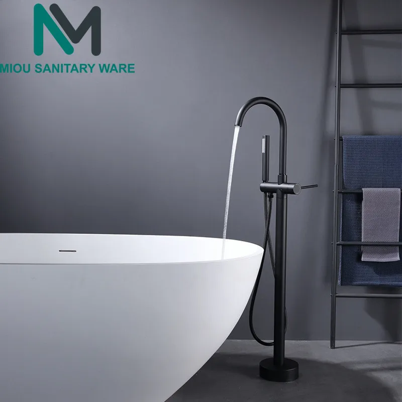 

Matte Black Free Standing Bathtub Faucet Floor Mounted Bath Tub Filler Tap Round Style Brass Bathtub Faucet Single Handle