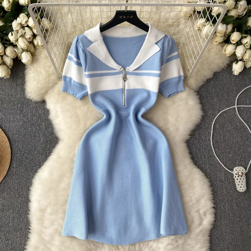 

Summer French Thin Retro Lapel Zippered Knit Dress Women Slimming Temperament Casual Waist Closure Skirt