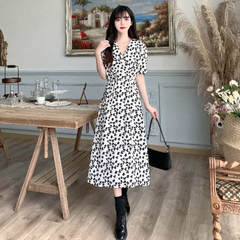 

Summer Print Chic French Women Beach High Dress Party Chiffon Casual Dresses French Retro Long Vintage Bohemian Clothing 2022
