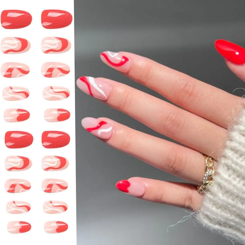 

24pcs Detachable Manicure DIY Fake Nials LongBallerina False Nails Red White Wavy French