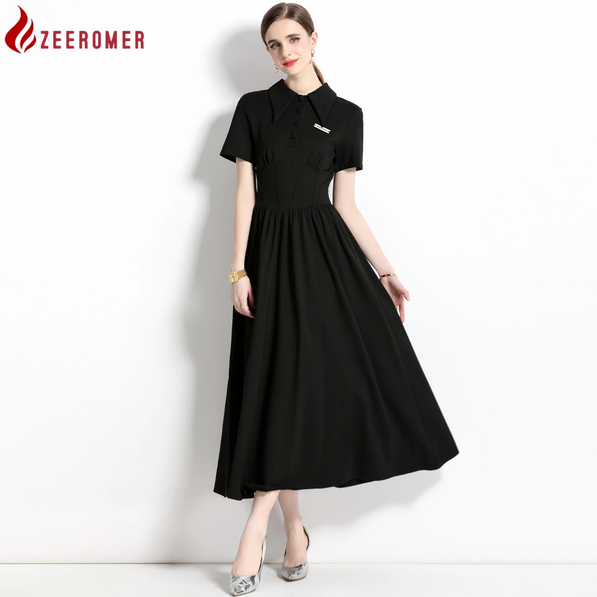 ZEEROMER 2023 New French Fashion Runway Summer Long Dress High Quality Women Turn-down Collar Short Sleeve Slim Party Midi Dress