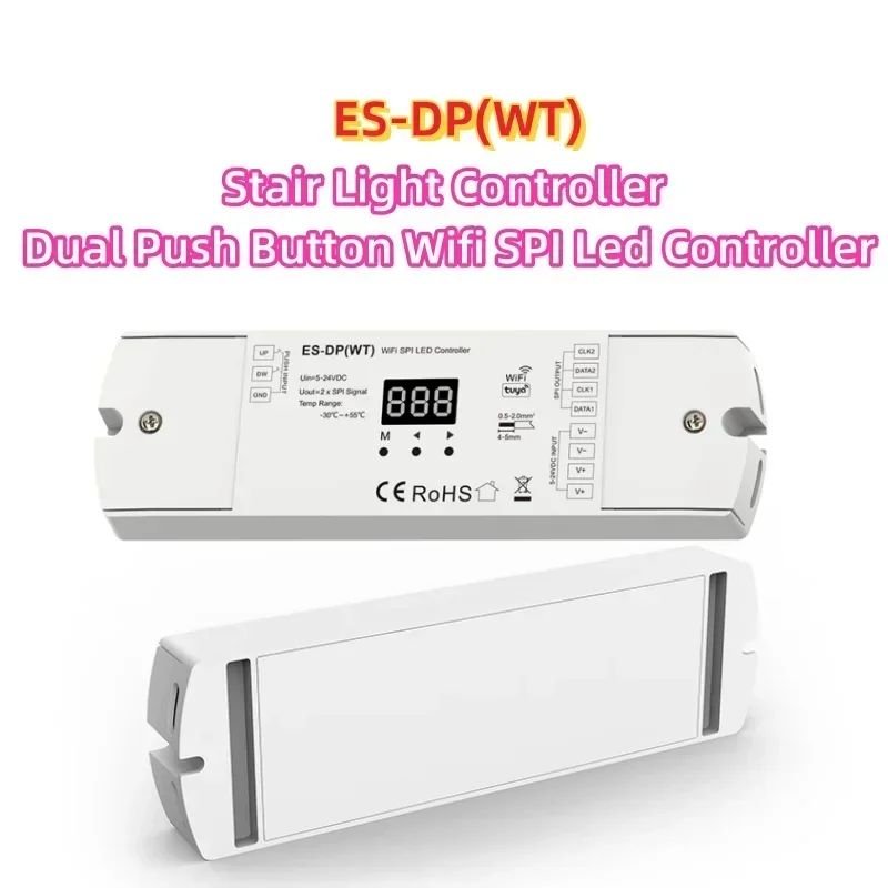 Фото ES-DP (WT) светодиодный контроллер лестничного освещения Tuya Control WiFi SPI двойная кнопка DC5-24V для WS2811/2812 SK9822 RGB/белый пиксельный светильник №1
