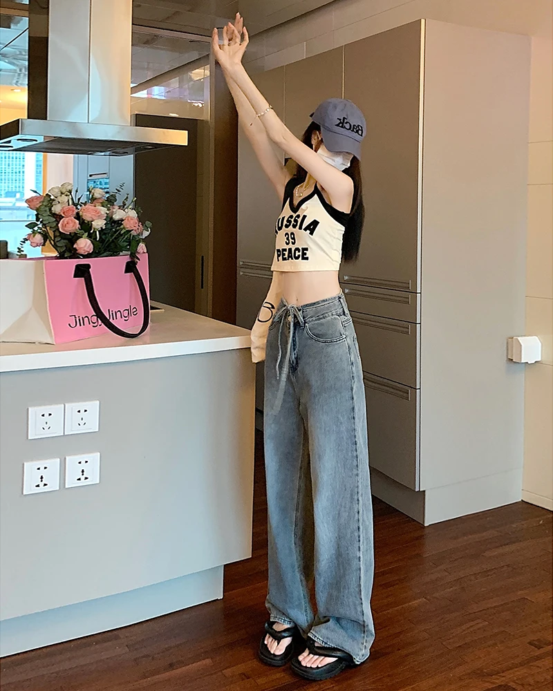 High Waist Jeans Women's Blue Spring/Summer Drawstring Lace Up Design Straight Tube Relaxed Slim Wide Leg Floor Dragging Pants