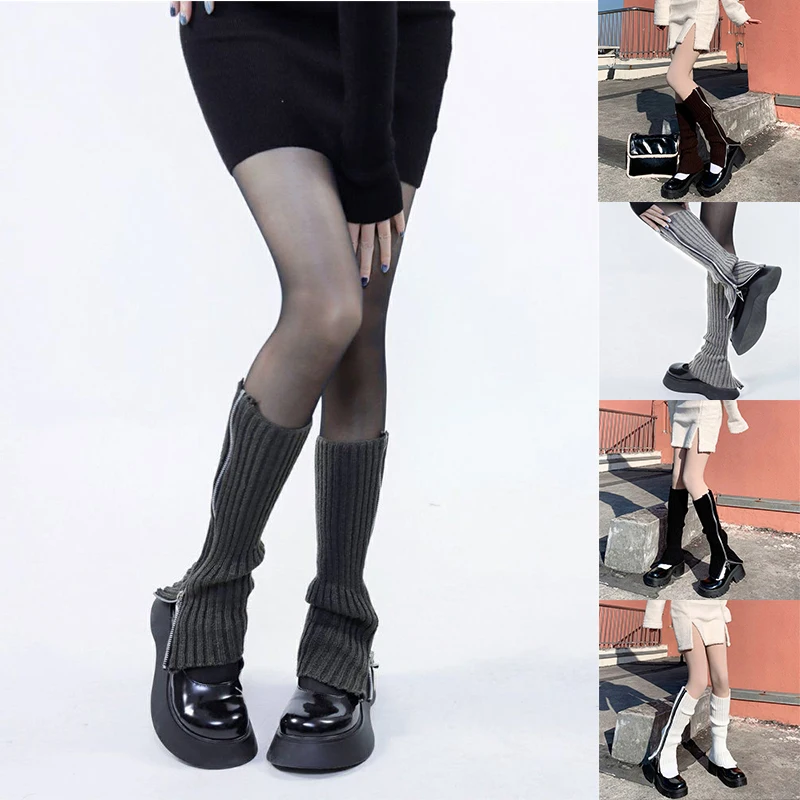 

Ribbed Knitted Foot Cover Side Zipper Boot Socks Leg Warmers Women Student Knee High Solid Color Weave Their Feet Set Warmth