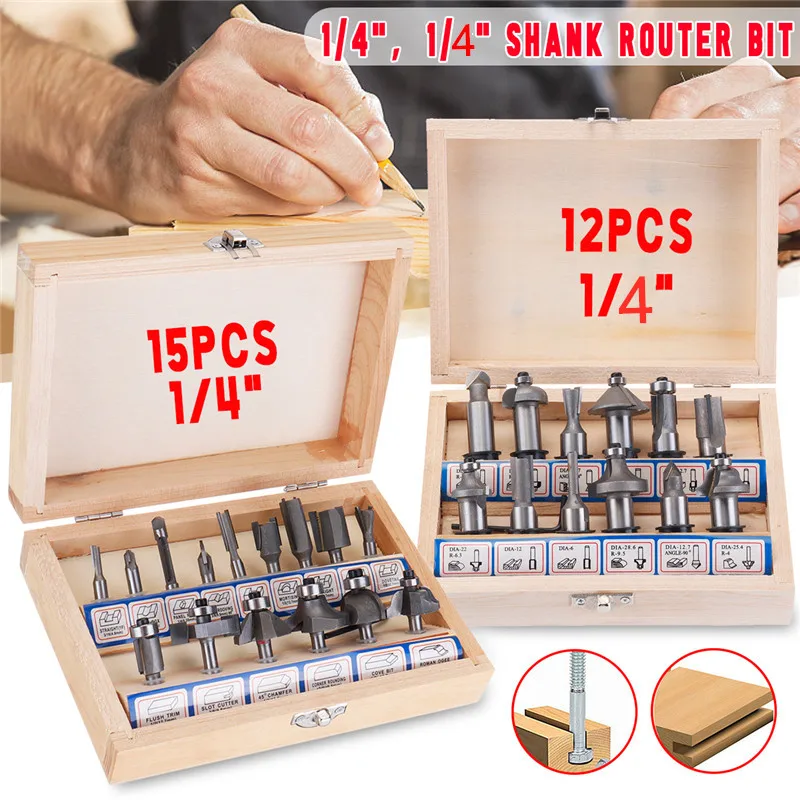 

12pcs/15pcs Router Bit Set Trimming Straight 1/4 Shank Woodworker Milling Cutter For Trimming Machine Wood Bearing Cove Box Bit
