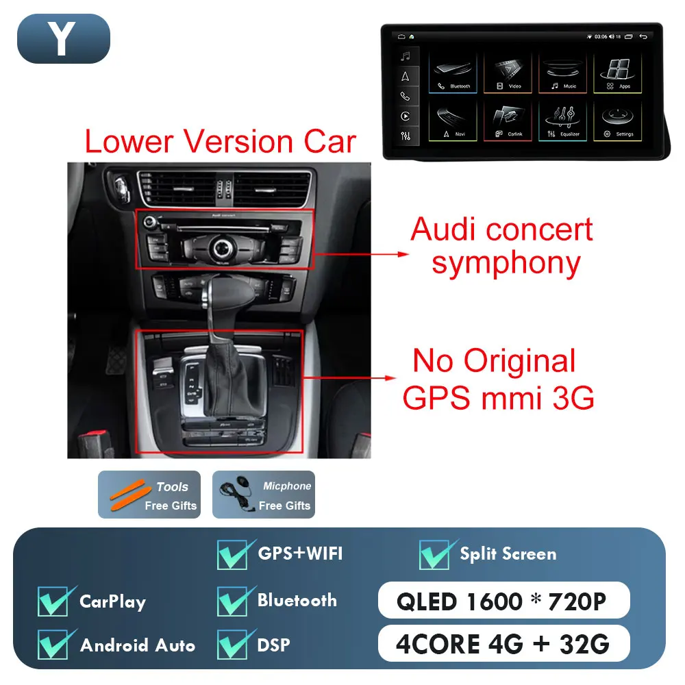 

Для Audi Q5 2009-2017 Беспроводной CarPlay Android14 Автомобильный мультимедийный стерео GPS Navi Радиоплеер 4G Bluetooth 10,33-дюймовый сенсорный экран