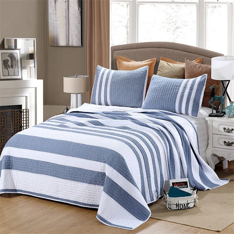 

Stripe Cotton Quilt Set 3PC Quilted Bedspread on the Bed Double Blanket Yarn-dyed Bed Cover Colcha Queen Size Patchwork Coverlet