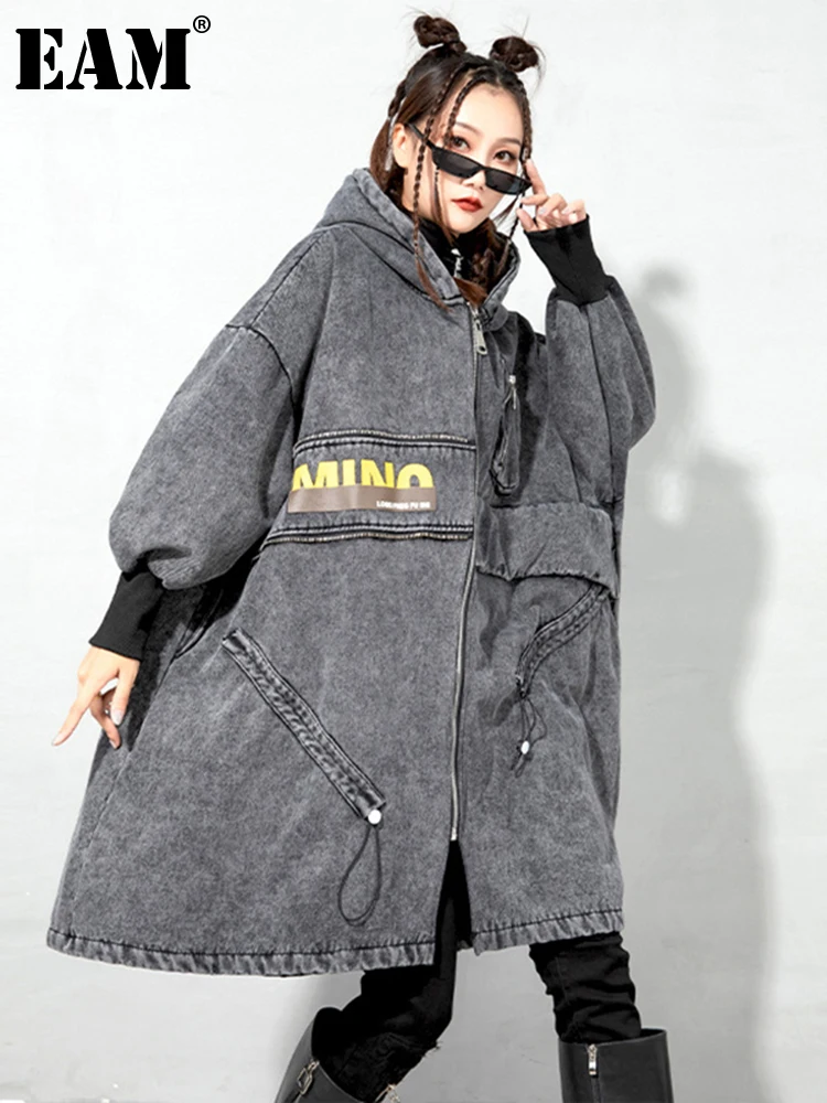 

[EAM] Loose Fit Black Denim Big Size Think Jacket New Lapel Long Sleeve Women Coat Fashion Tide Spring Autumn 2022 1DE3914