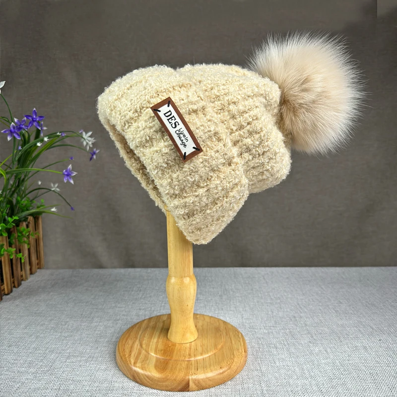 Теплая Шерстяная Вязаная Плюшевая Шапка-бини С Помпоном Из Натуральной Лисы