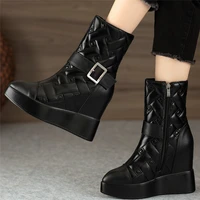 platform pumps shoes women genuine leather wedges high heel ankle boots female winter warm high top pointed toe fashion sneakers