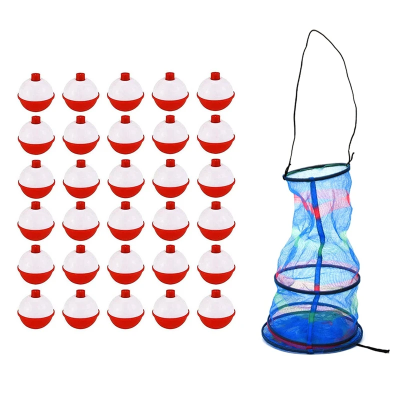 

Foldable 3 Layers Nylon Fishing Net Cage Fish Basket With 30Pcs Fishing Bobbers 1 Inch,Fishing Float And Bobbers