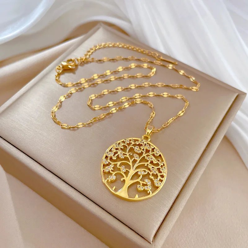 Fashion Round Tree Crystal Pendant Necklace for Women Couple Gold Color Steel Chain Choker Statement Wedding Jewelry Gift