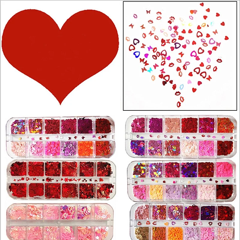 

12 Grids/box Laser Love Heart Butterfly Nail Sequins Mixed Color Sparkle Nail Glitter Flakes 3D Nail Art Decorations Accessories