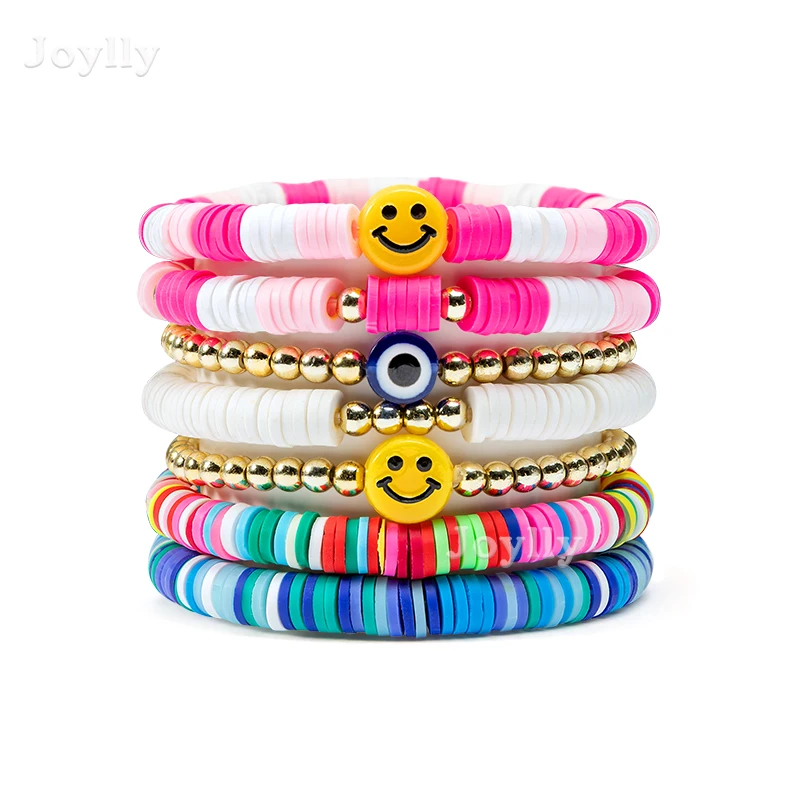 

7Pcs/Set Heishi Surfer Bracelets Stackable Golden Beads Versatile Preppy Elastic Wristbands Jewelry Gifts for Girlfriends Women