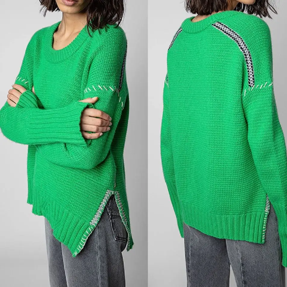 

Женский Однотонный свитер свободного кроя с разрезом на подоле