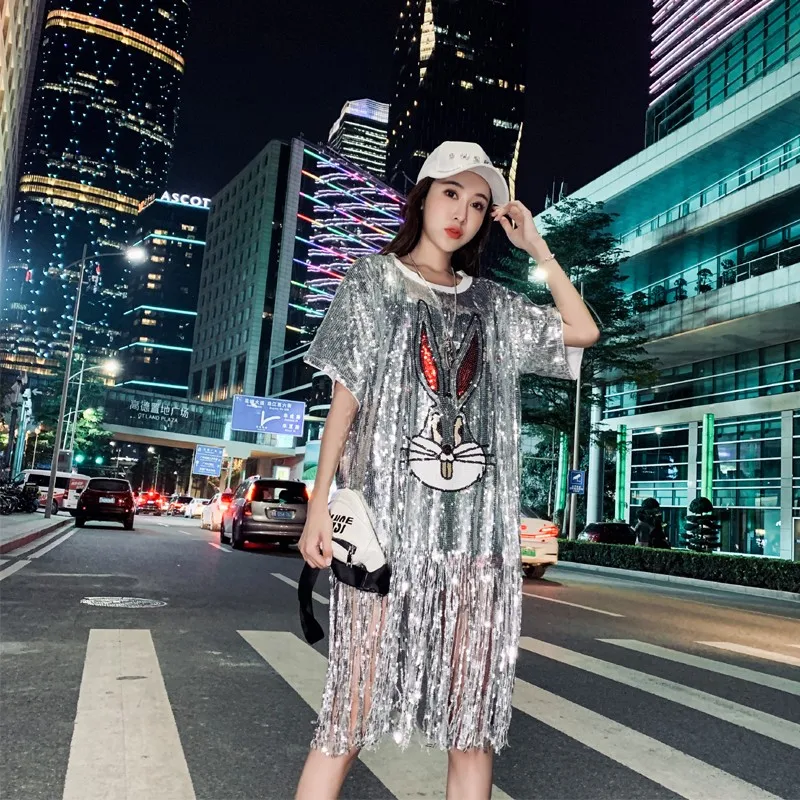 

Women Loose Sparkly Shimmer Glitter Tops Summer Short Sleeve Funny Bunny Casual Fringes Long T Shirts