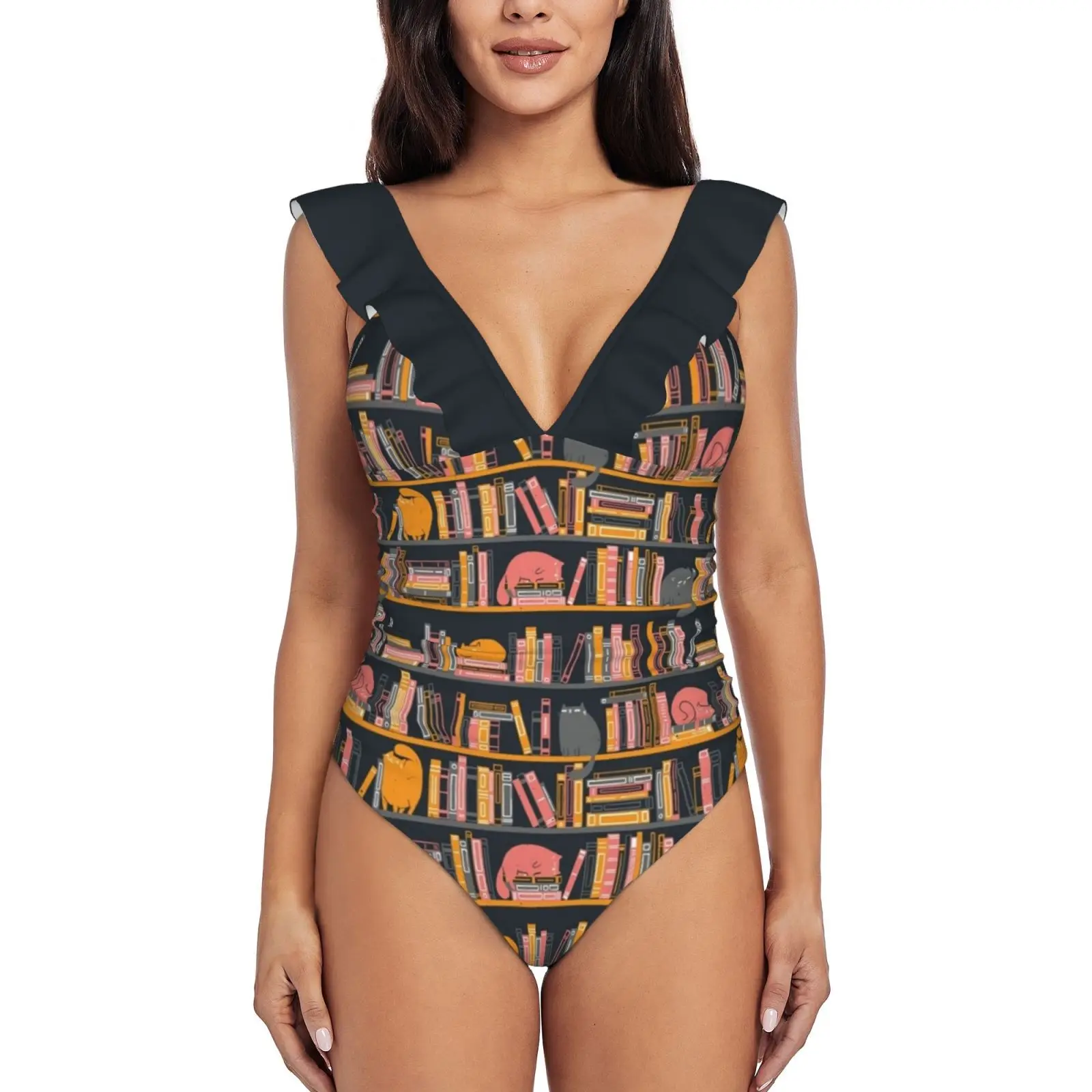 

Слитный купальник с оборками для библиотеки кошек, женский купальник, монокини с пуш-ап, сексуальный купальный костюм с принтом, кошки, кошк...