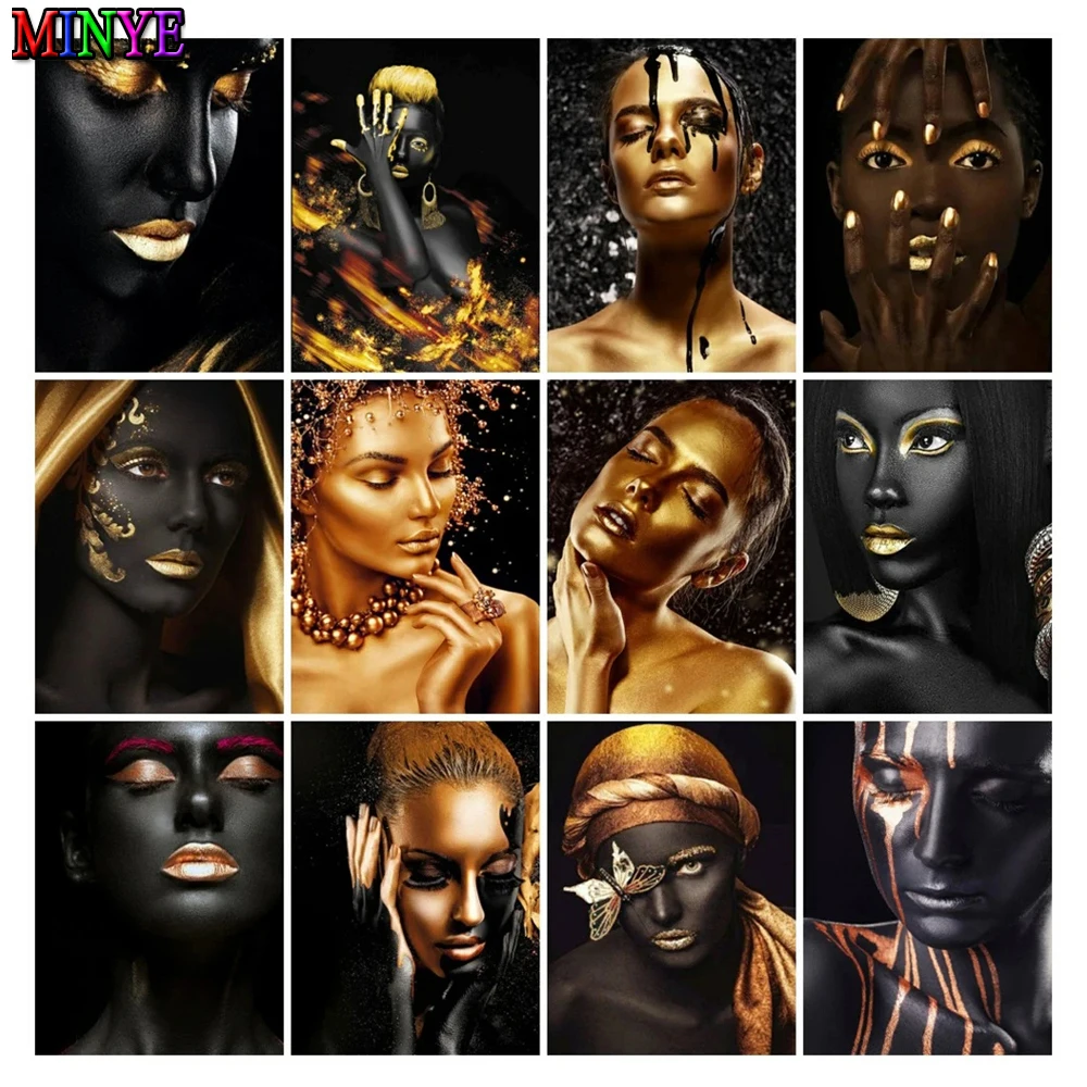 

5D алмазная вышивка, черная и Золотая женщина, алмазная живопись, полный набор для вышивки крестиком, Африканская женщина, картина для мозаики