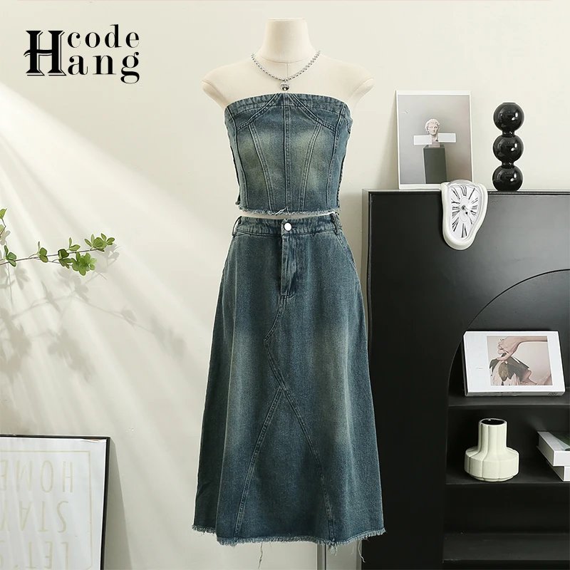 

HangCode Vintage Jeans Women Dress Sets Fashion Strapless Crop Tops + High Waist Long Skirts Female 2 Piece Sets Denim Outfits