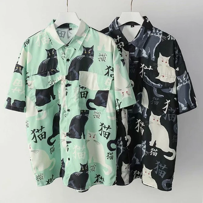 

Summer high quality Mens Hawaiian Shirt 3D animal black cat Printed Short lapel Sleeve Big Size Hawaii Men Beach Floral Shirts