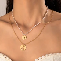 huatang charms letter love pendant necklace for women girls double layer pearl stone chain choker necklace fashion jewelry