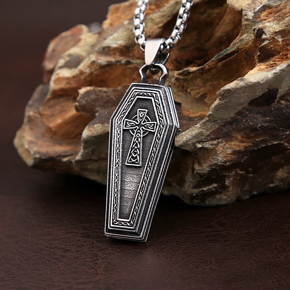 

Punk Vintage Rock Coffin Pendant Stainless Steel Men's Cross Chain Necklace Fashion Biker Amulet Party Jewelry Gifts Wholesale