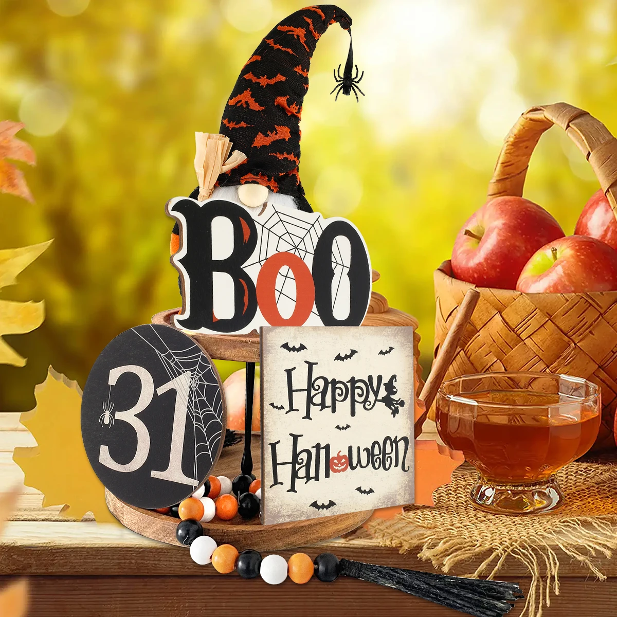 

Halloween Tiered Tray Decoration Cute Halloween Table Ornament Creative Halloween Party Decoration with Wooden Signs Gnome Doll