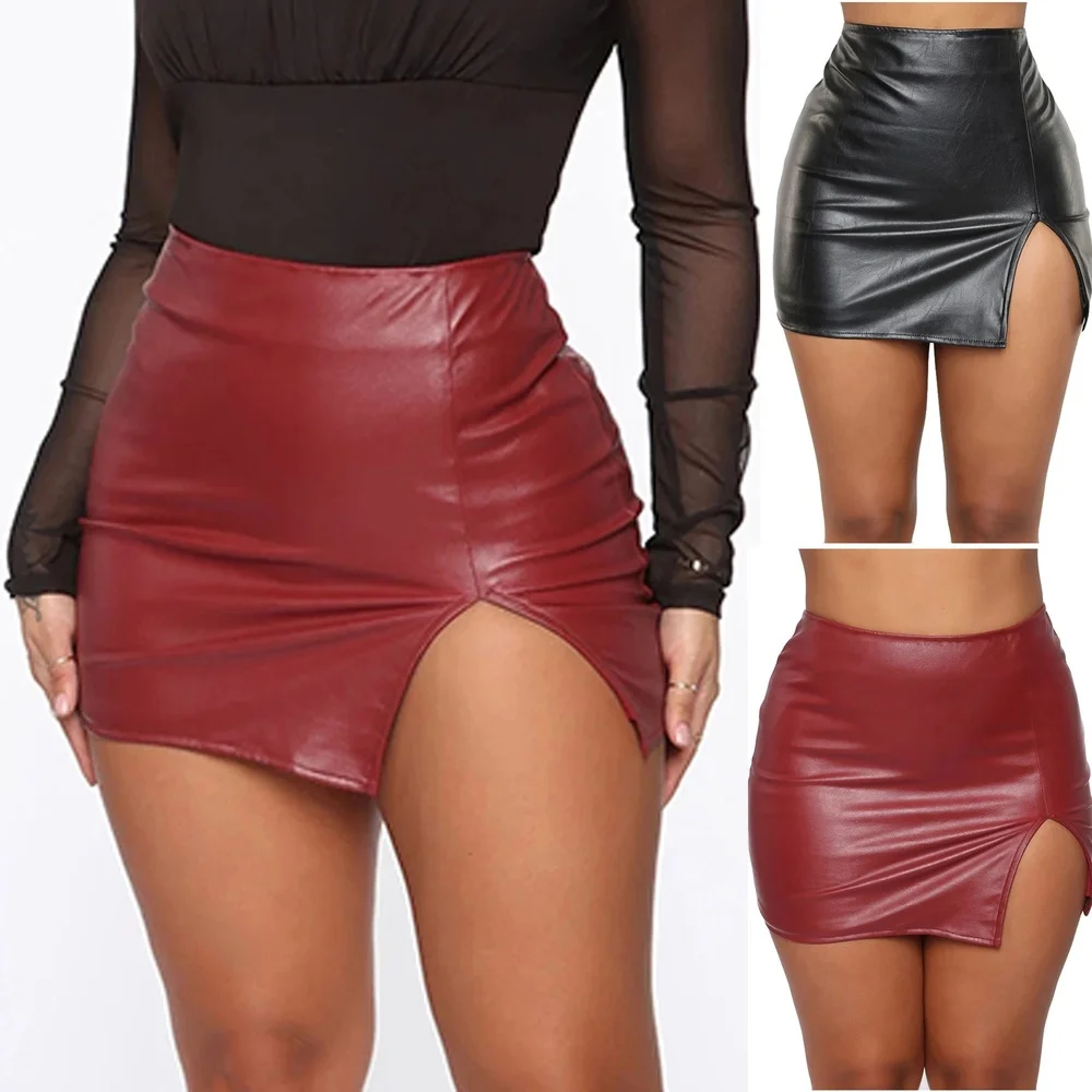 

Sexy PU Leather Mini Skirt Women Summer Fashion Zip High Waist Side Split Short Skirt Woman Bodycon Pencil Skirt Night Club Wear