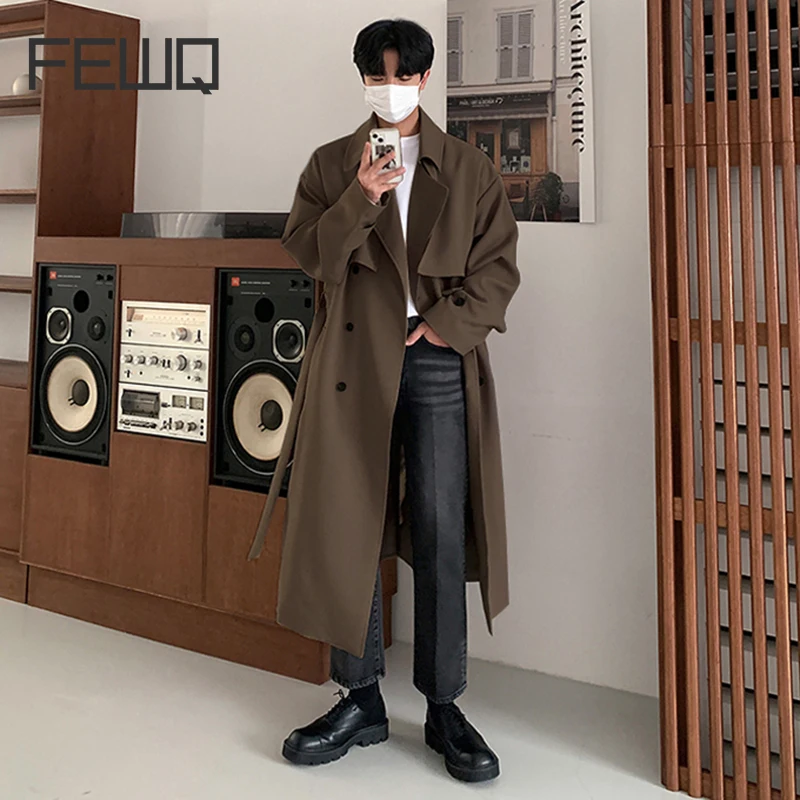 

FEWQ Men's Mid Length Coat Autumn Winter Overcoat Korean Fashion Loose Knee Over British Trench With Cotton Windbreakers 9C1874