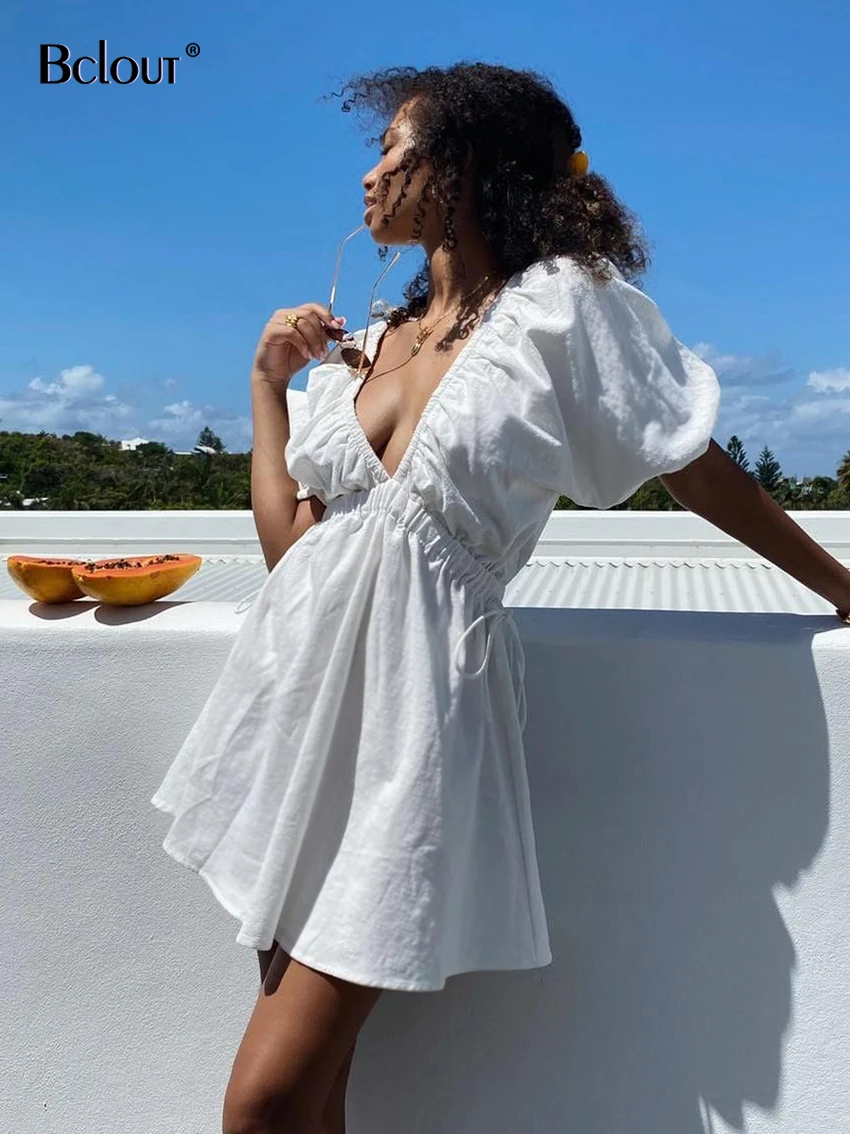 

Bclout белое хлопковое платье для женщин 2022 повседневное сексуальное платье на шнуровке с V-образным вырезом летние платья мини с пышными рука...