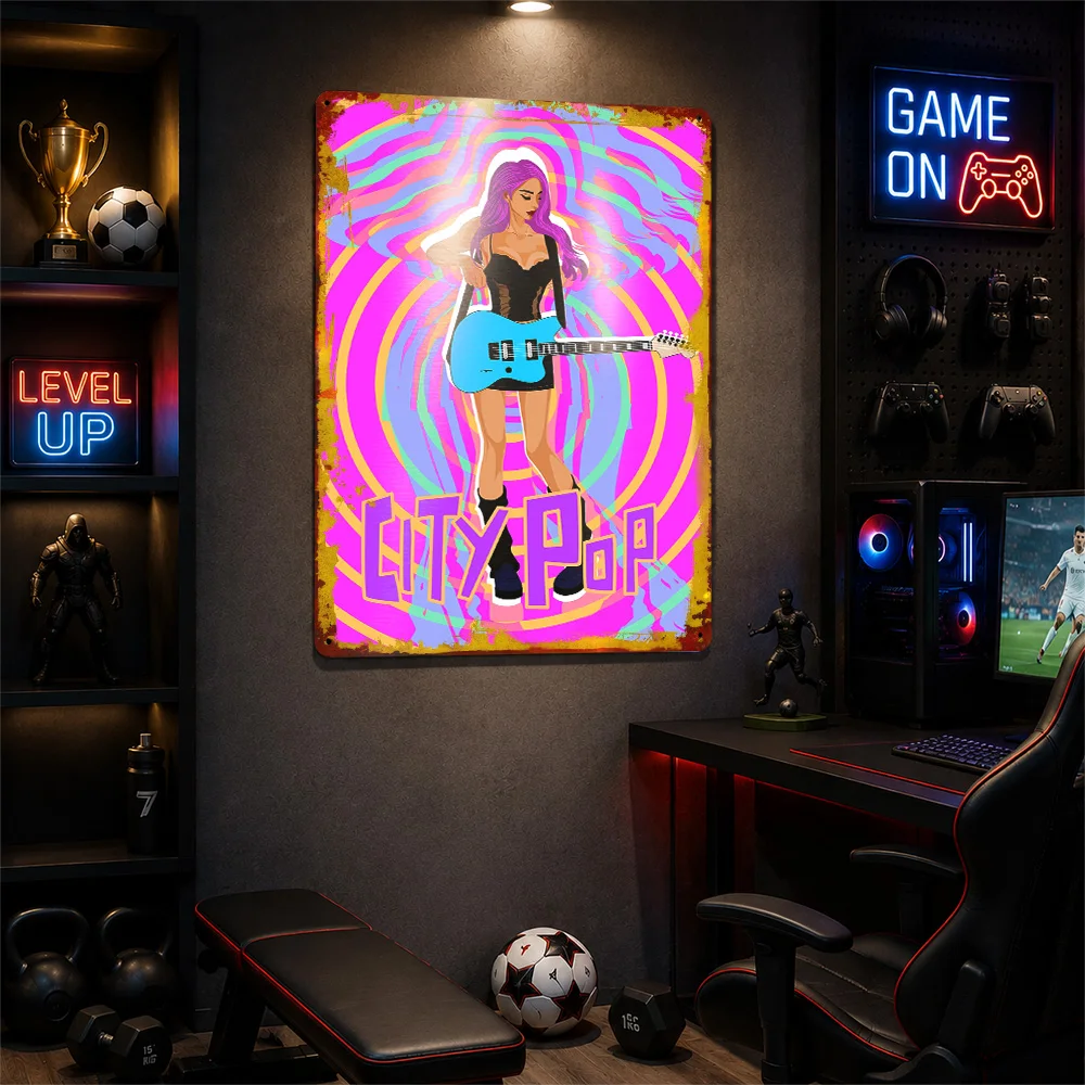 Фото Металлическая винтажная табличка с 3D-текстурой и принтом City Pop Guitar Girl, на заказ, для настенного декора, роскошное украшение для дома и интерьера №4