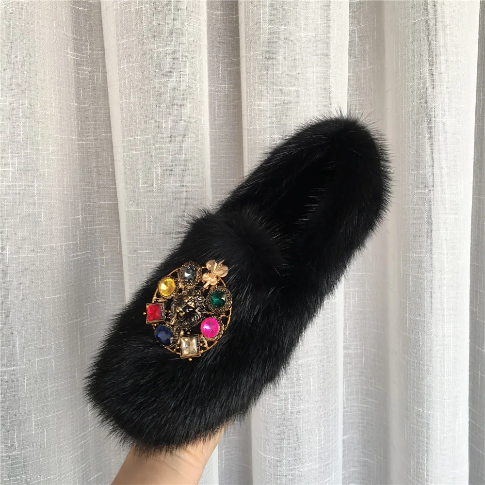 

Size42 Black Women Mink Fur Flats Vintage Colorful Buckle Casual Espadrilles Luxury Moccasins