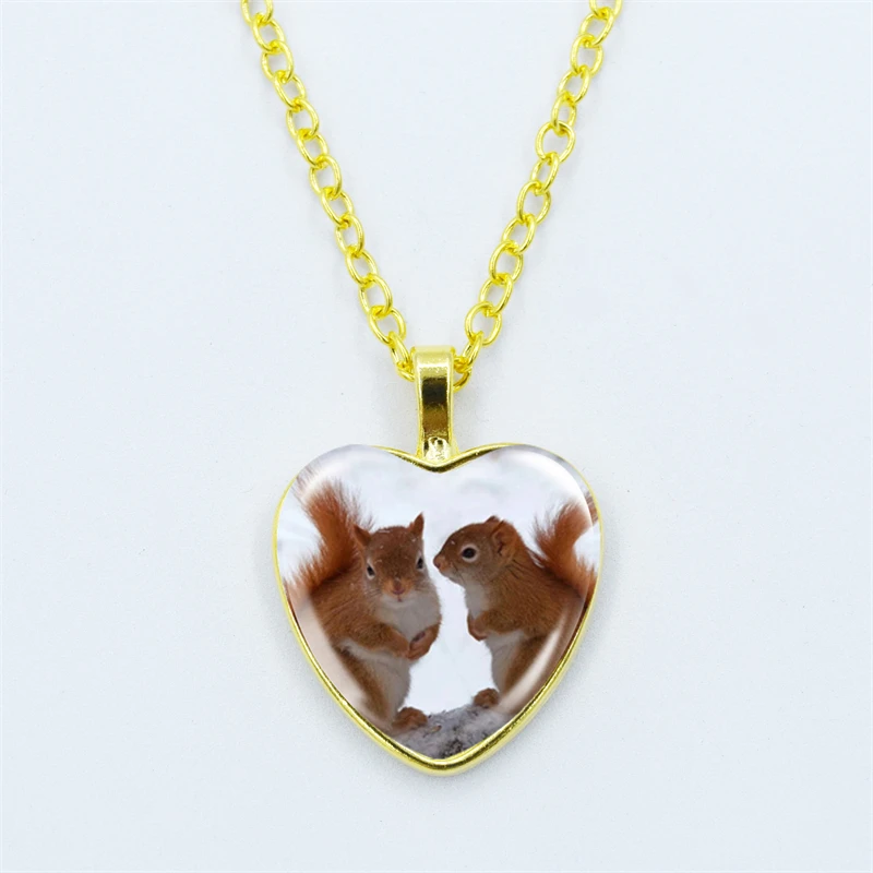 

Новое поступление, милые Подвески в виде сердец с изображением белки и животных, ювелирные изделия, модное ожерелье золотого цвета, подарок для девочек