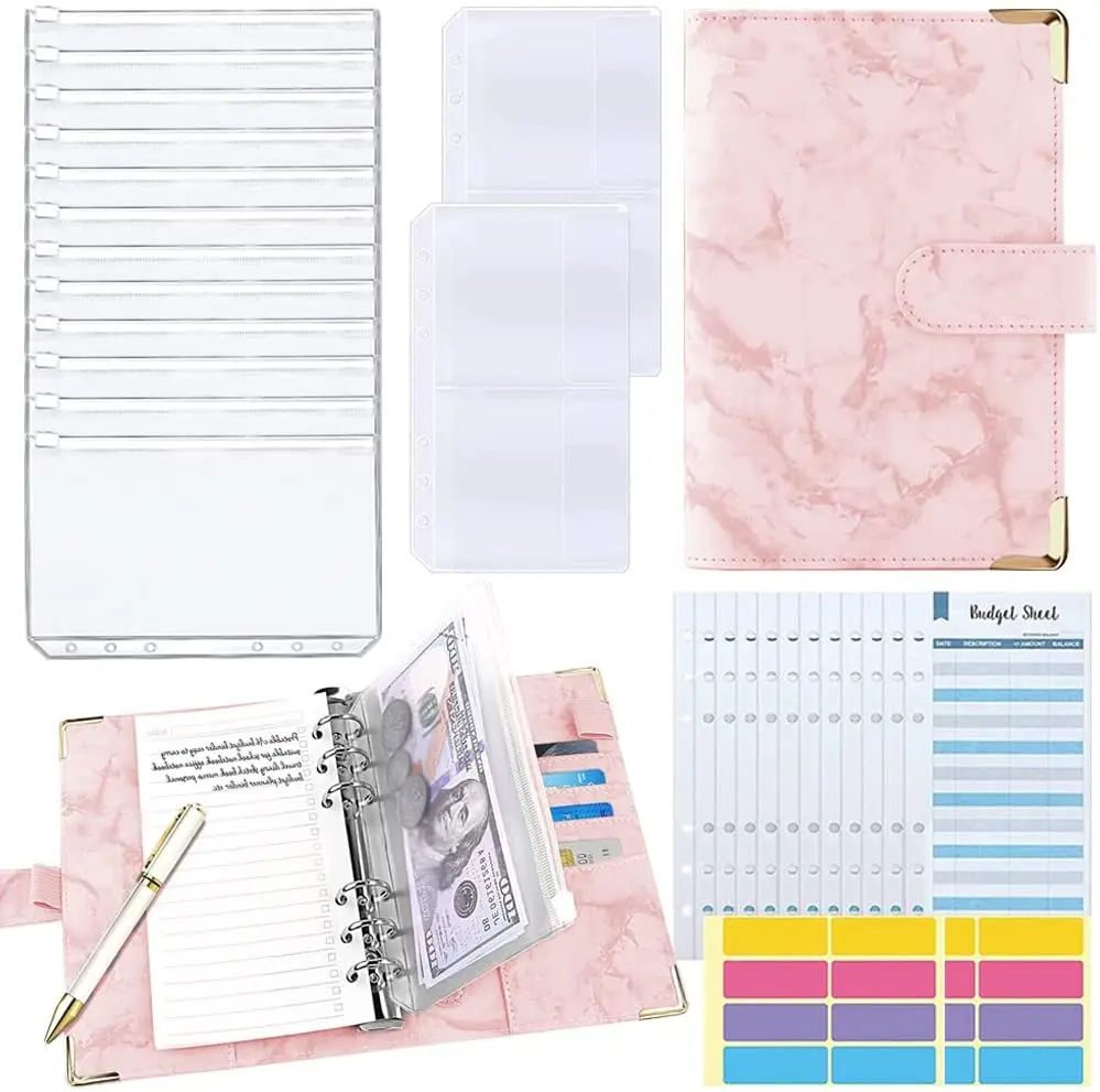 29Pcs Marble Cover A6 Ring Binder Planner with Money Saving Binder, Cash Envelopes, Budget Sheets, PU Leather Binder for Saving