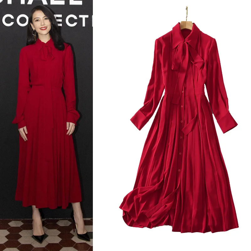 

Red Color Fashion Ribbon Bow Women Long Dress Full Sleeves Lace Up Casual Lady Pleated Dress Size S M L XL