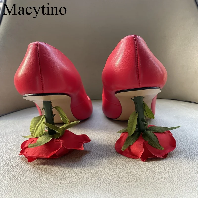 Sexy Patent Leather High Heels Pumps Women Unique Rose Flower Heel Pointy Toes Slip On Strange Style Banquet Shoes