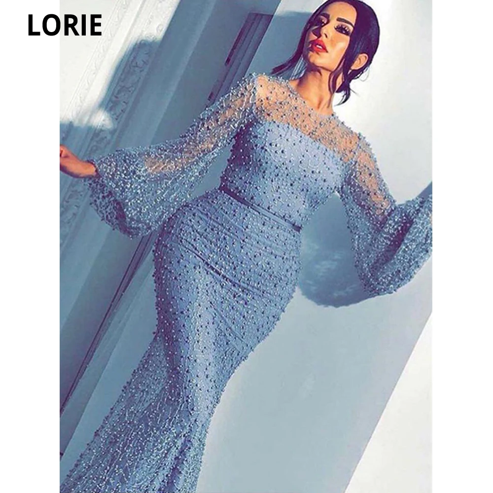 

LORIE Ice Blue Arabic Mermaid вечерние платья 2022 прозрачный вырез с длинным рукавом со шлейфом и бусинами вечерние платья для выпускного вечера