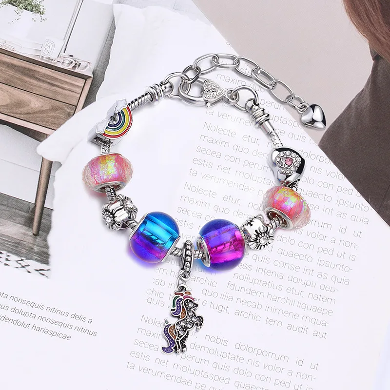 

Charm rainbow colorful crystal unicorn hand diy handmade jewelry girl snake bone bracelet
