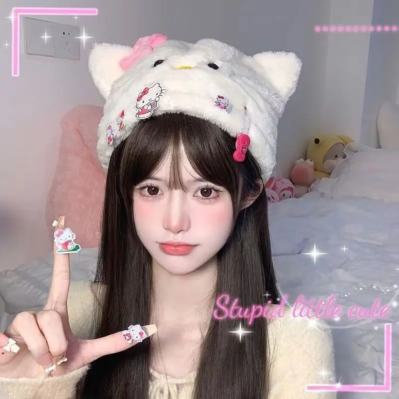 

Kawaii Sanrio 3D Hello Kitty Plush Hat Autumn Winter Cute Cartoon Girly Heart Thick Warm KT Cat Plush Toy Cap Girls Accessories
