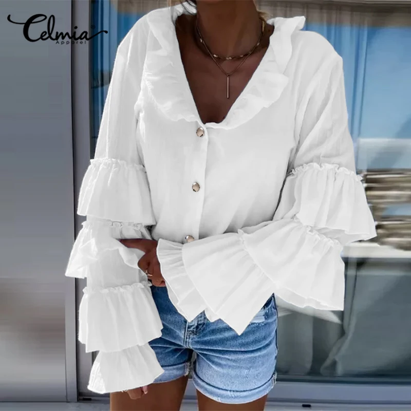 

Уличная одежда Celmia, однотонные Блузы на пуговицах, с оборками и V-образным вырезом, многослойные расклешенные рукава, женские рубашки, повсе...