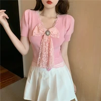 designer new women sexy slim fit v neck knitted tees tops lace bowknot crystal short sleeve t shirt office ladies knitwear top