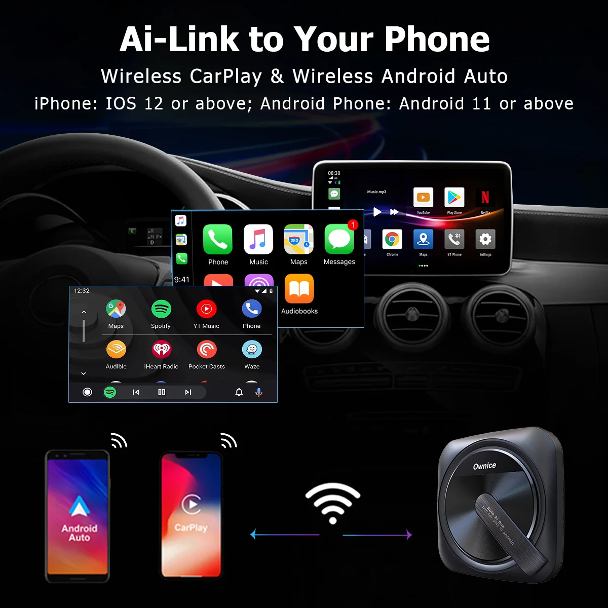 

Ownice Carplay AI Box A4 Wireless Android Auto DVR Dash Cam HD 1080P 4 in 1 4G For IPTV Spotify Youtube Netflix Honda Ford Mazda